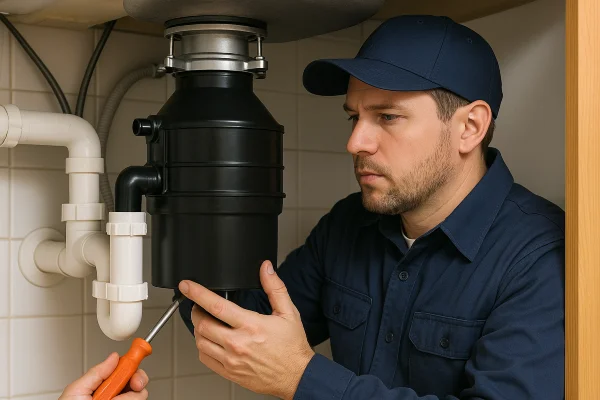 a technician working on a garbage disposal from quality plumbing leander in Leander, TX - Commercial plumbing services