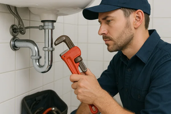 a male plumber installing a water heater from quality plumbing leander in Leander, TX - Faucet Installation