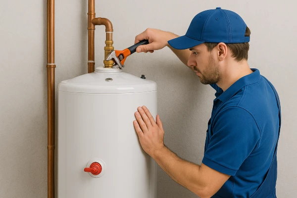 a male plumber installing a garbage disposal from quality plumbing leander in Leander, TX - Residential plumbing services