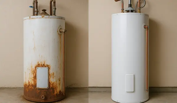 a rusted water heater next to a brand new water heater from quality plumbing leander in Leander, TX - Slab Leak Detention a rusted water heater next to a brand new water heater from quality plumbing leander in Leander, TX - Slab Leak Detention