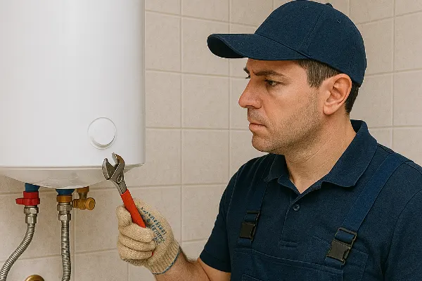 a male plumber working on a water heater mounted on the wall from quality plumbing leander in Leander, TX - Slab Leak Detention a male plumber working on a water heater mounted on the wall from quality plumbing leander in Leander, TX - Slab Leak Detention
