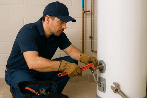 a male plumber working on a water heater connection from quality plumbing leander in Leander, TX - Slab Leak Detention a male plumber working on a water heater connection from quality plumbing leander in Leander, TX - Slab Leak Detention