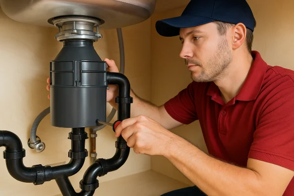 a male plumber using a screwdriver to fix a garbage disposal from quality plumbing leander in Leander, TX - Slab Leak Detention a male plumber using a screwdriver to fix a garbage disposal from quality plumbing leander in Leander, TX - Slab Leak Detention