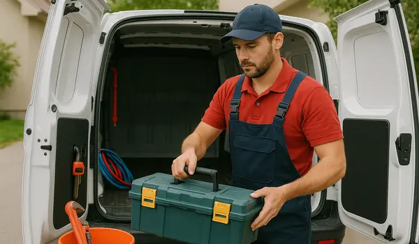 a plumbing technician putting his toolbox back in his van from quality plumbing leander in Leander, TX - Toilet Replacement Services a plumbing technician putting his toolbox back in his van from quality plumbing leander in Leander, TX - Toilet Replacement Services