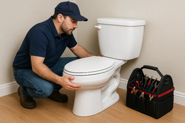 a plumber checking a toilet from quality plumbing leander in Leander, TX - Toilet Replacement Services a plumber checking a toilet from quality plumbing leander in Leander, TX - Toilet Replacement Services