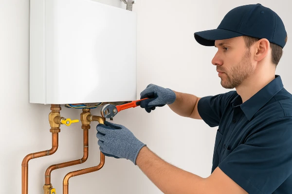 a plumber working on a tankless water heater from quality plumbing leander in Leander, TX - Toilet Replacement Services a plumber working on a tankless water heater from quality plumbing leander in Leander, TX - Toilet Replacement Services