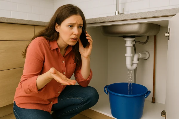 a woman on the phone about a water leak underneath her kitchen sink from quality plumbing leander in Leander, TX - Toilet Replacement Services a woman on the phone about a water leak underneath her kitchen sink from quality plumbing leander in Leander, TX - Toilet Replacement Services