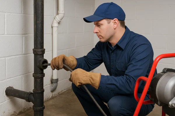 a plumber using a snake to clear a plumbing pipe from quality plumbing leander in Leander, TX - Toilet Replacement Services a plumber using a snake to clear a plumbing pipe from quality plumbing leander in Leander, TX - Toilet Replacement Services