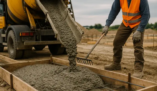 a concrete truck pouring cement into a concrete form