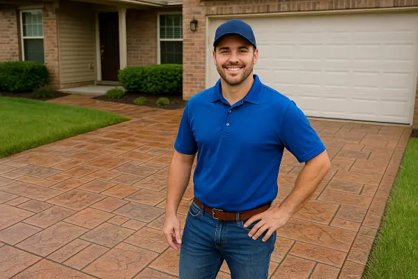 a concrete contractor smiling at the camera with stamped concrete behind him