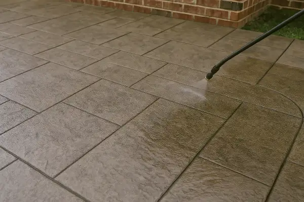 a stamped concrete patio being finished