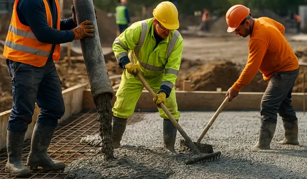 3 concrete contractors spreading concrete on the ground 3 concrete contractors spreading concrete on the ground