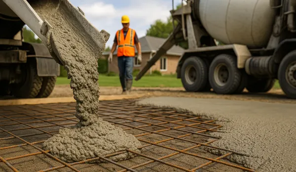 a cement truck pouring cement over rebar