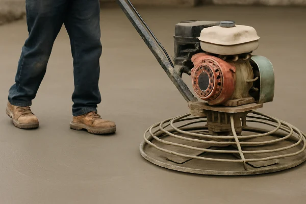 a concrete worker using a machine to finish a concrete foundation