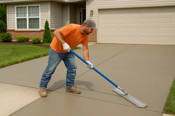 a male worker finishing a concrete driveway