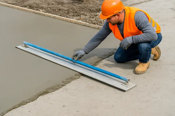 a male worker finishing an outdoor concrete slab a male worker finishing an outdoor concrete slab