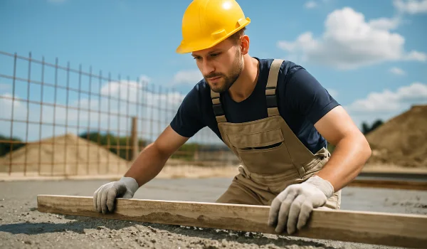 a male concrete worker spreading fresh cement over rebar