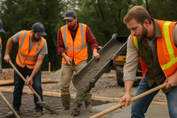 3 concrete workers pouring and spreading cement on the ground
