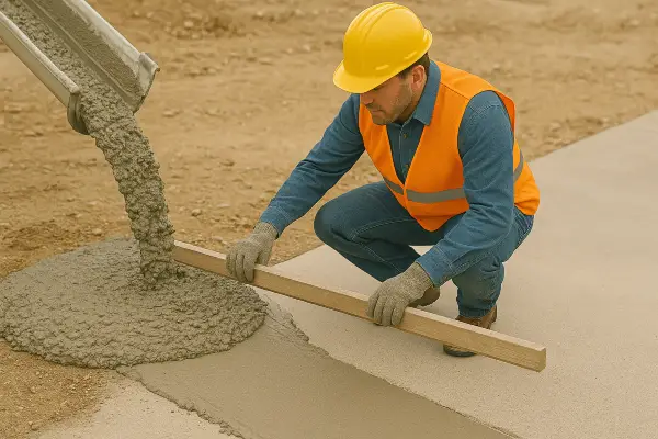 a male concrete worker adding cement to a walkway